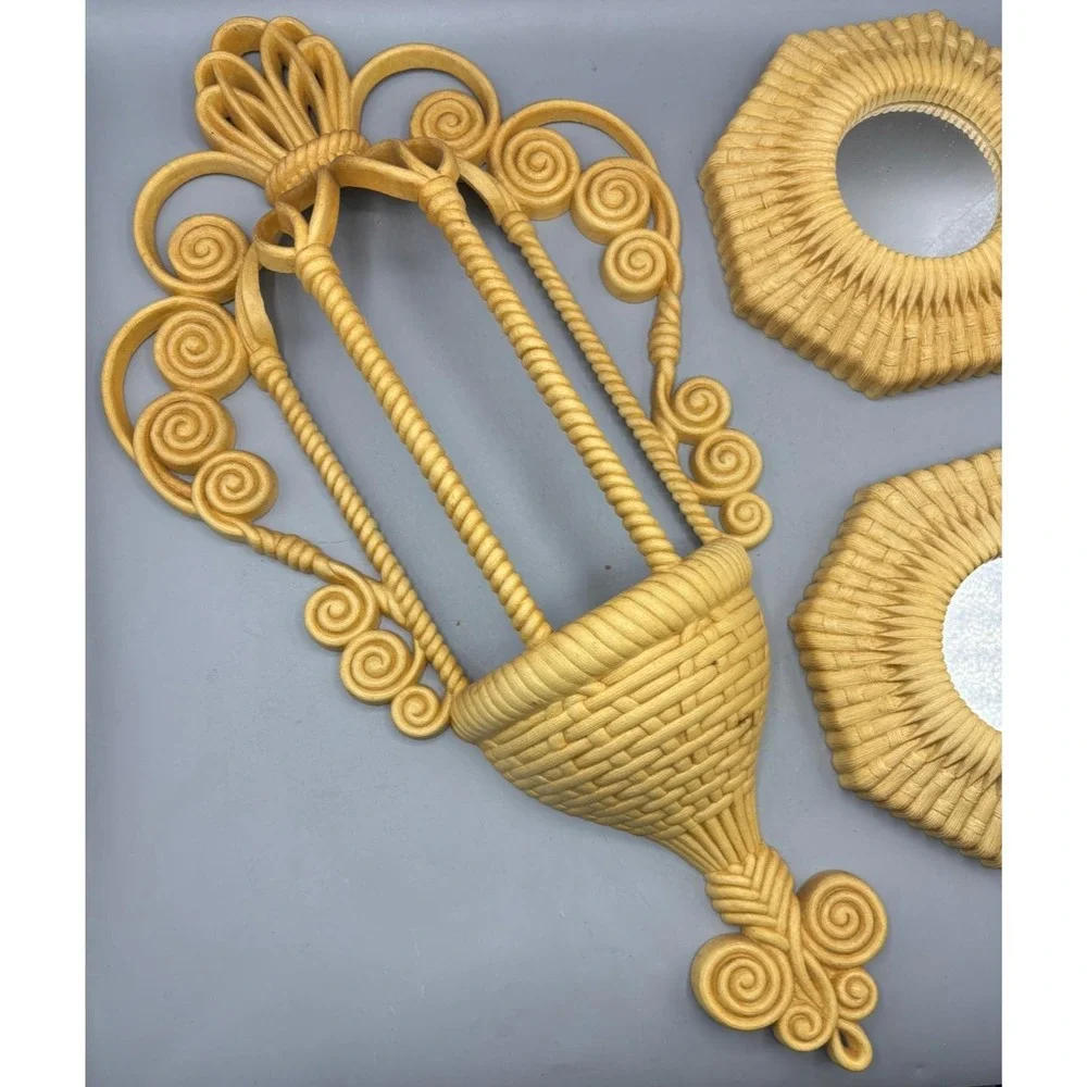 Vtg Wicker Style Wall Decor Set Wall Pocket Octagon Mirrors Boho Rattan